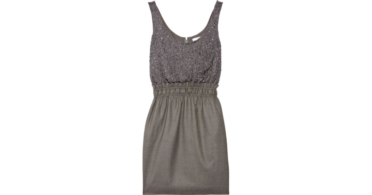 Lyst J Crew Aurelia Embellished Silk And Wool Dress In Gray