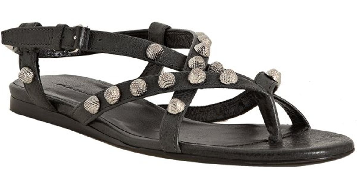 Balenciaga Anthracite Leather Studded Arena Flat Thong Sandals in Gray | Lyst