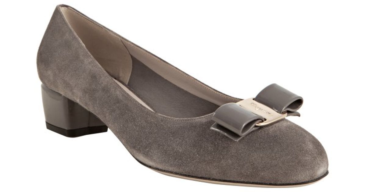 Lyst Ferragamo Mink Suede Vara Low Heel Pumps in Gray