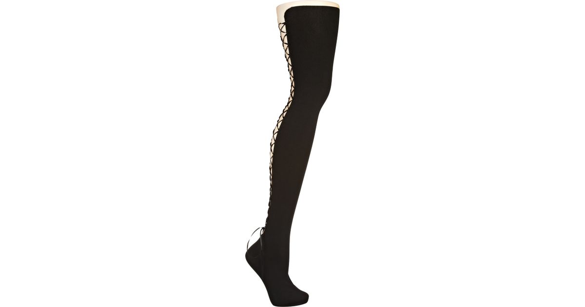 Wolford Brilliant Laceup Tights in Black Lyst