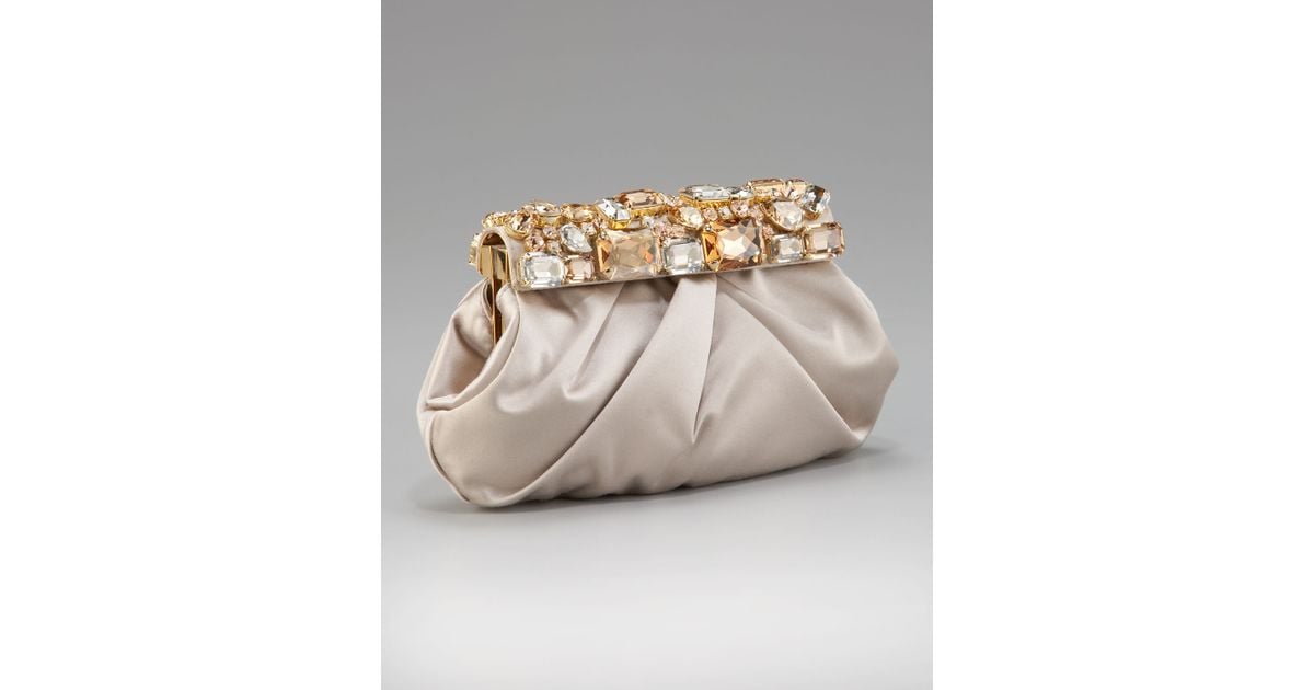 Prada Raso Stones Satin Frame Clutch in Gray (brown) | Lyst