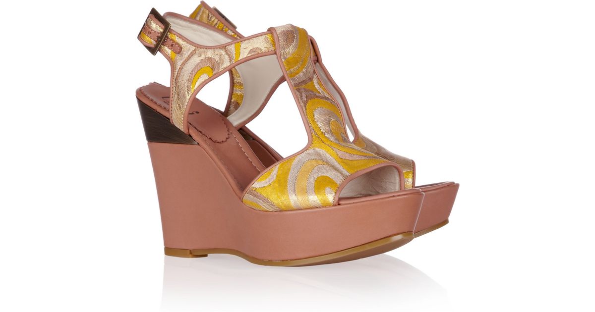 Lyst - Tibi Brocade and Leather Wedge Sandals in Yellow