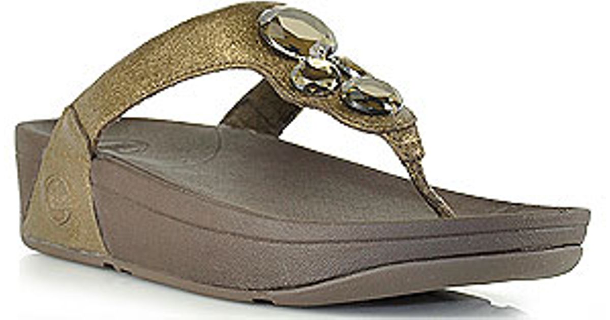 Fitflop Lunetta - Bronze Metallic Leather Jeweled Thong Sandal in ...