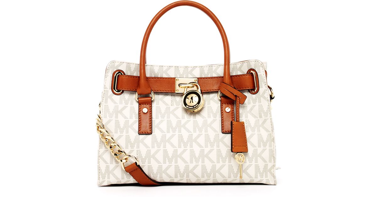 Lyst Michael Kors Hamilton Mk Logo Satchel Vanilla In Brown