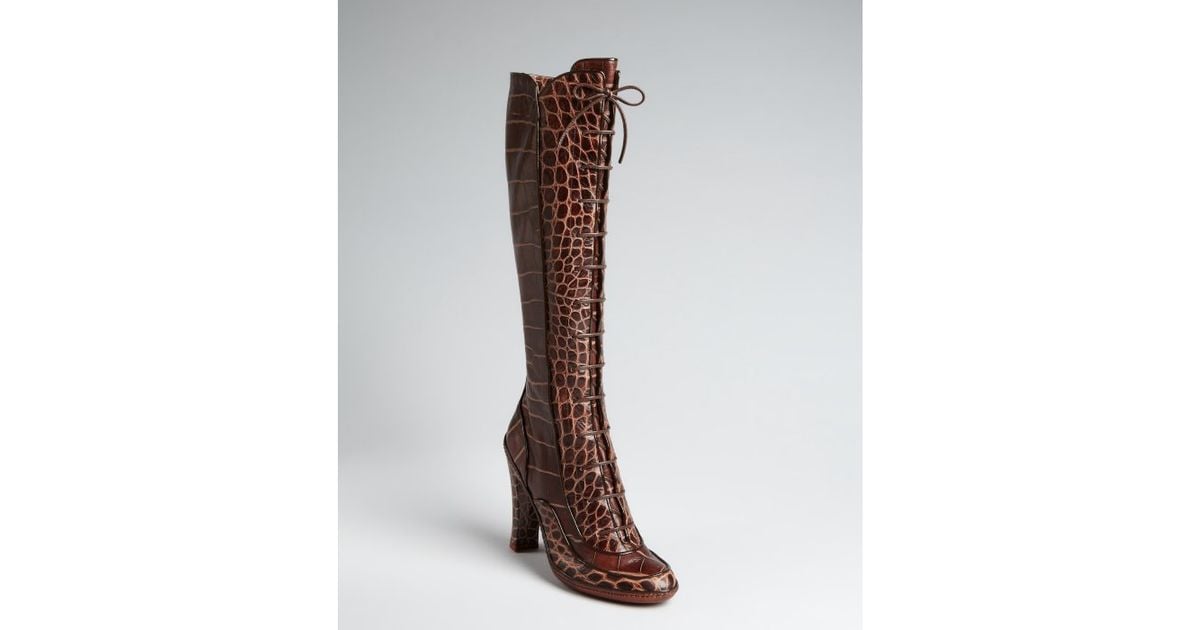out west nude croc lace up boots