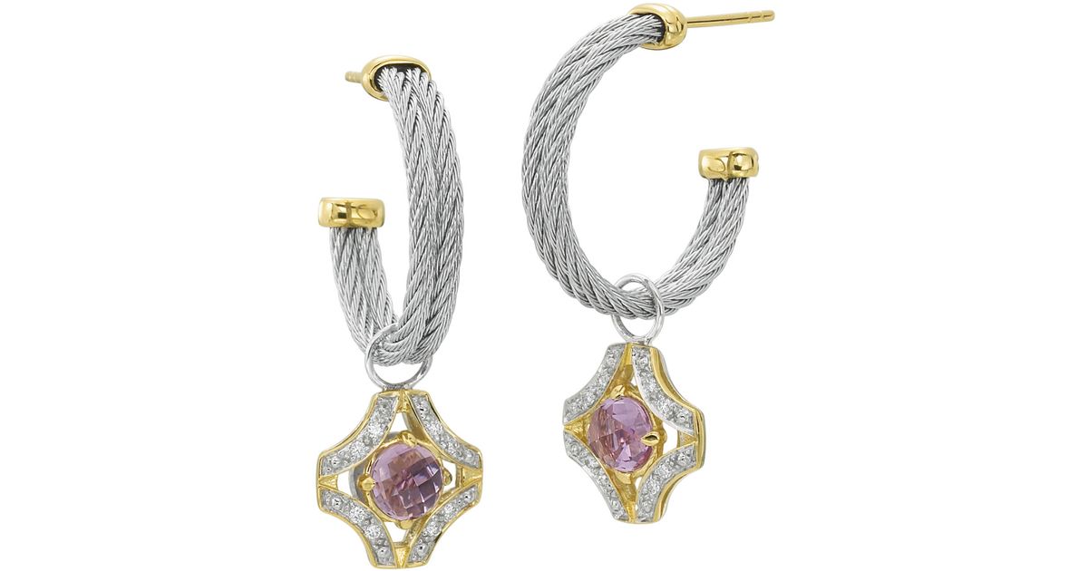 Lyst Charriol Amethyst And Diamond Cross Hoop Earrings In Metallic