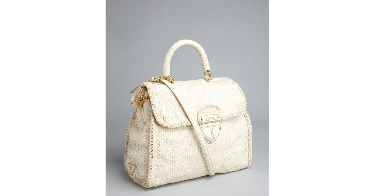 Prada Woven Leather Madras Satchel in White (ivory) | Lyst