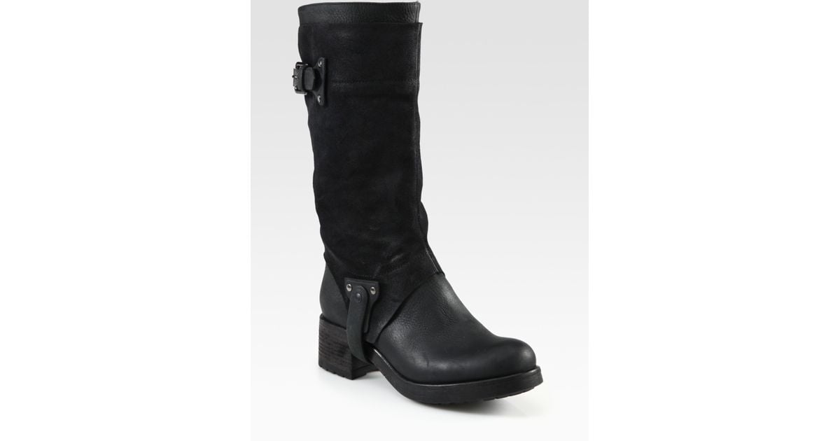 Vera Wang Lavender | Black Essie Leather and Suede Motorcycle Boots | Lyst