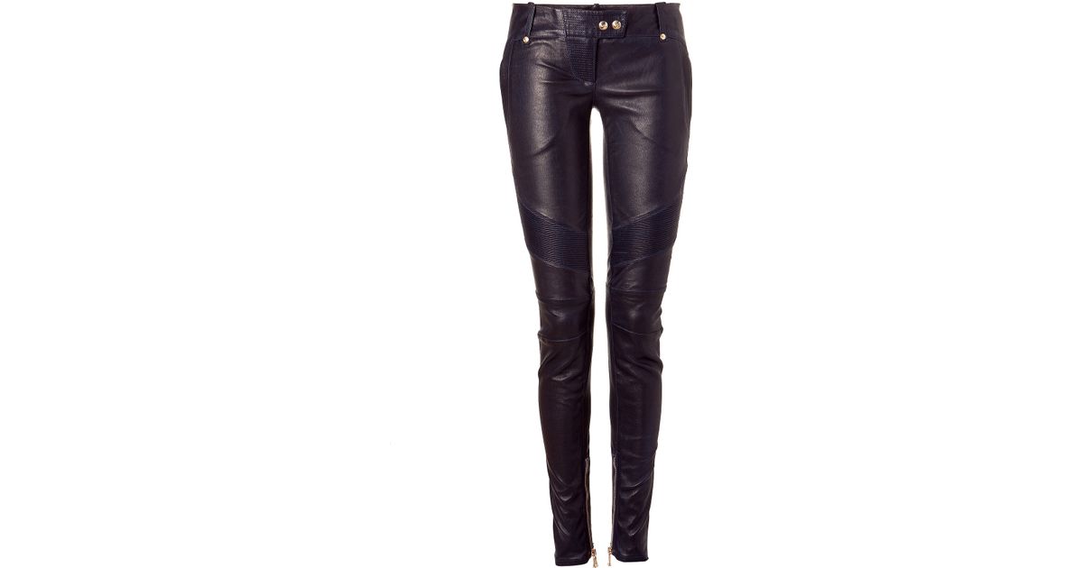 Balmain Blue Lowrise Skinny Leather Pants in Blue | Lyst