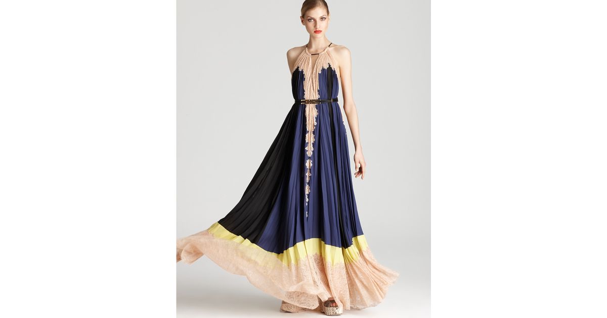 Lyst Bcbgmaxazria Pleated Color Block Lace Hem Maxi