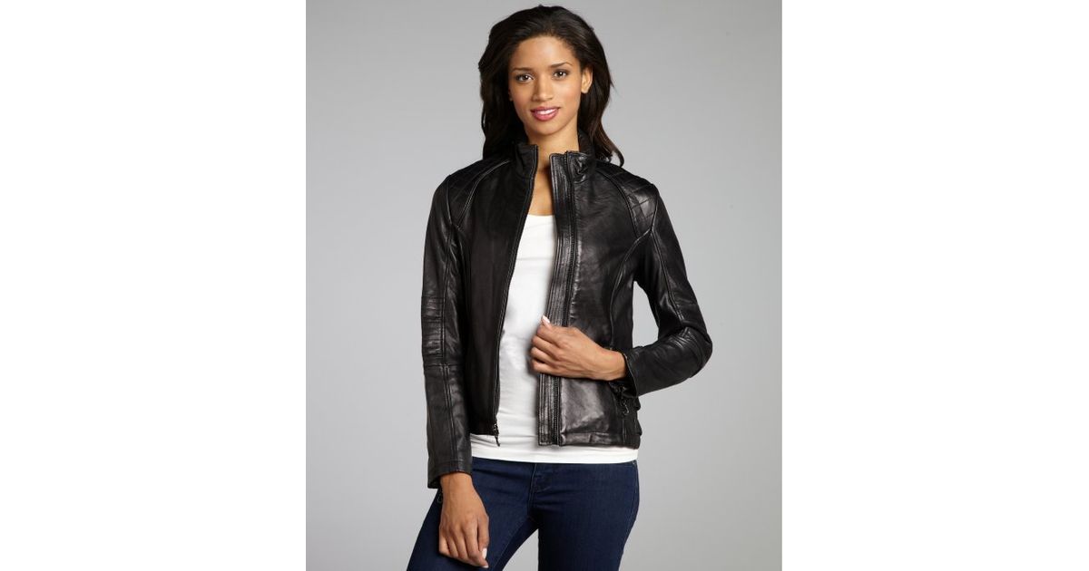 Lyst Dkny Black Leather Quilted Shoulder Zip Front Motorcycle Jacket