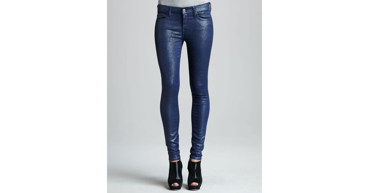 Lyst 7 For All Mankind Skinny Navy Glitter Jeans in Blue