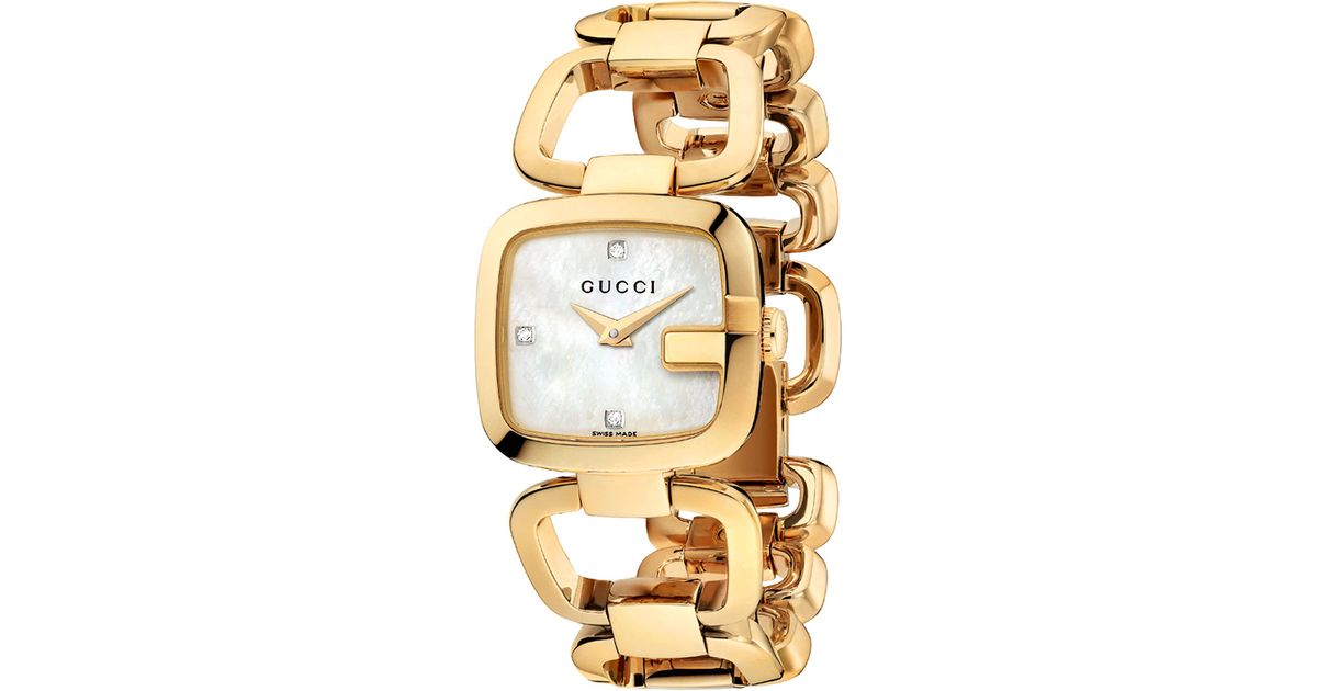 Gucci Ladies Small Gold Square Bracelet Watch With Mother Of Pearl Dial