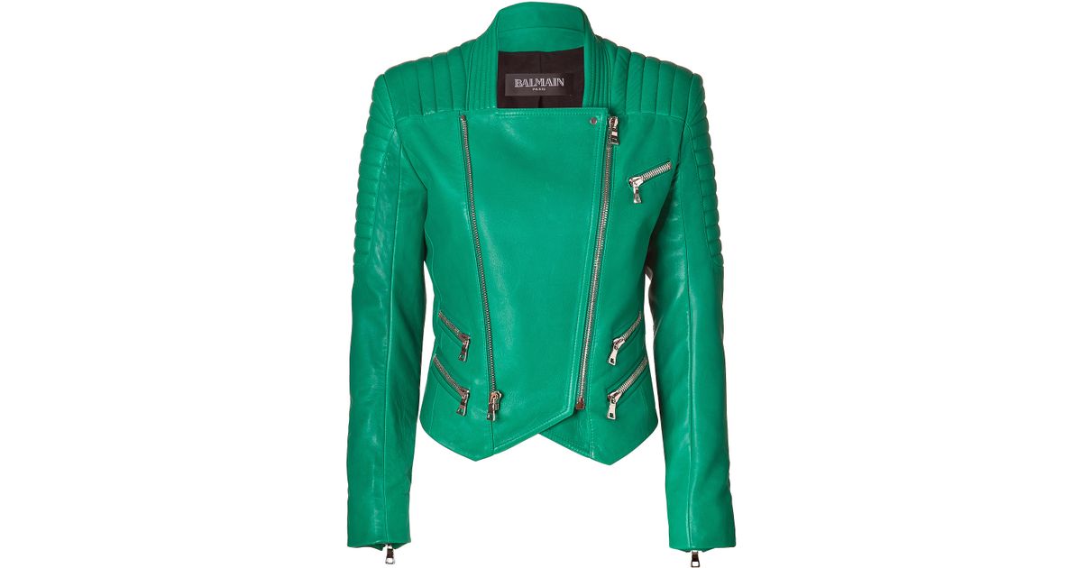 Balmain Emerald Lambskin Biker Jacket in Green | Lyst