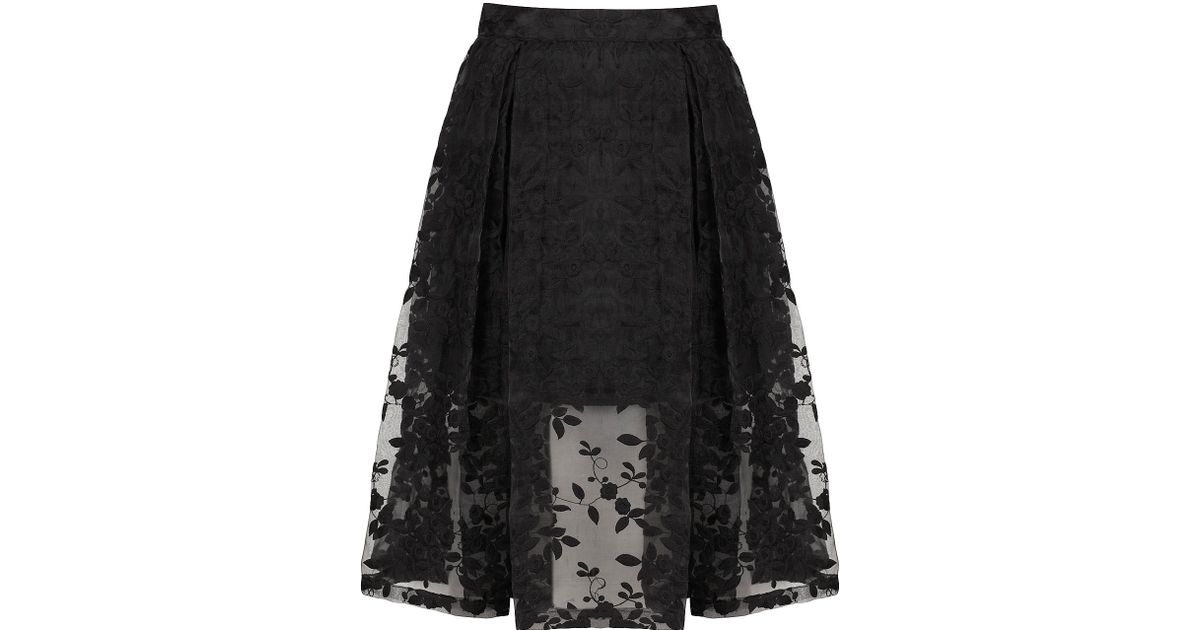 Lyst - Topshop Floral Embroidered Calf Skirt in Black