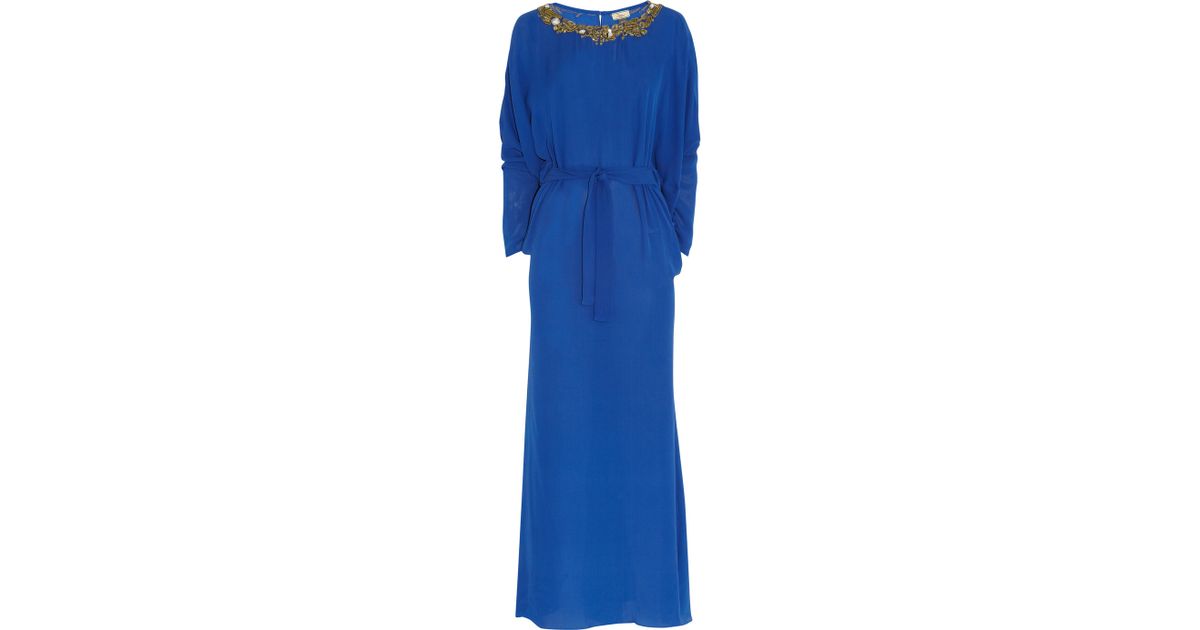 Issa Embellished Silk Maxi Dress in Blue | Lyst