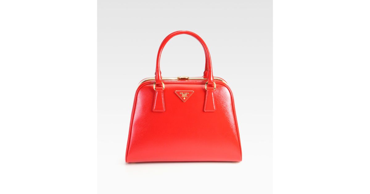 Prada Saffiano Vernice Frame Pyramid Top Handle Bag in Red | Lyst