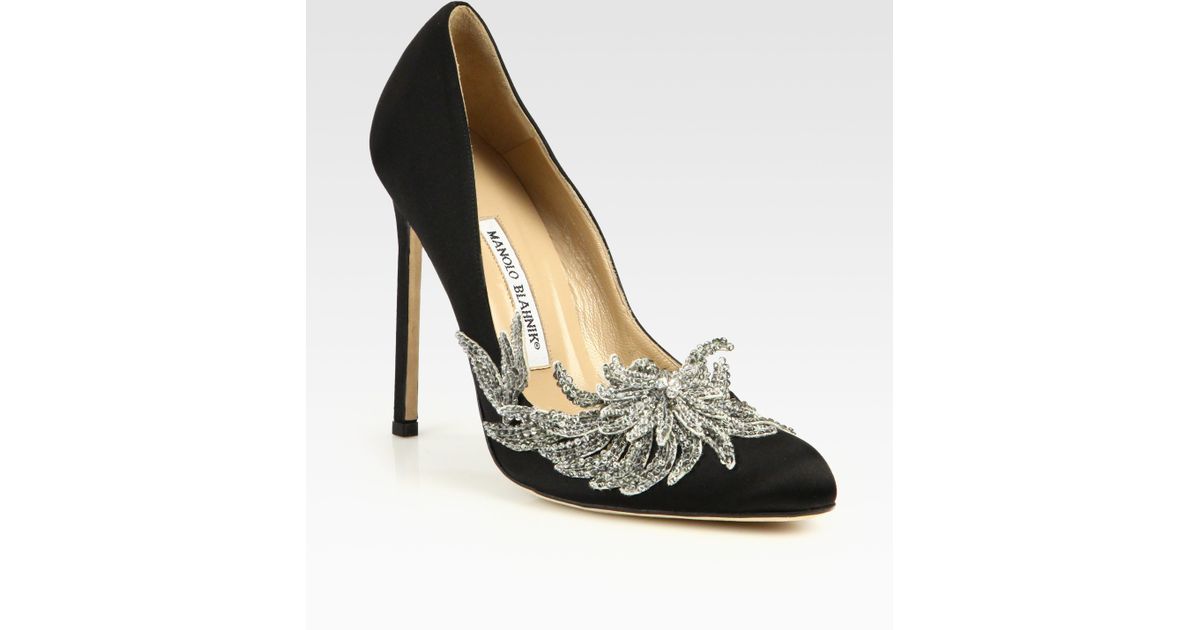 Manolo Blahnik Swan Embellished Satin Pumps in Black - Lyst