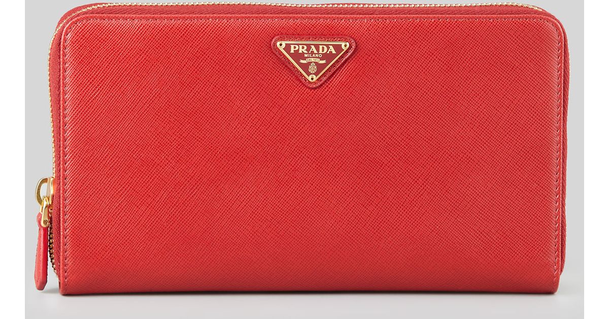 Prada Saffiano Large Ziparound Travel Wallet in Red | Lyst  