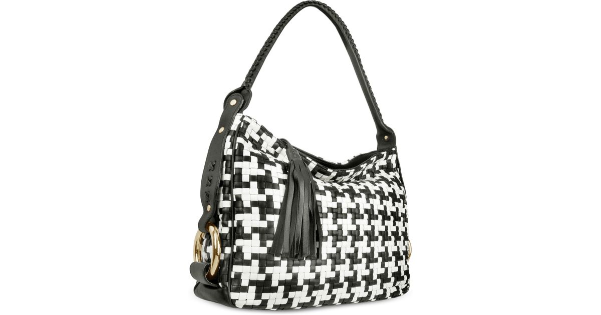 Fontanelli Black and White Houndstooth Woven Leather Tote Bag in Black - Lyst
