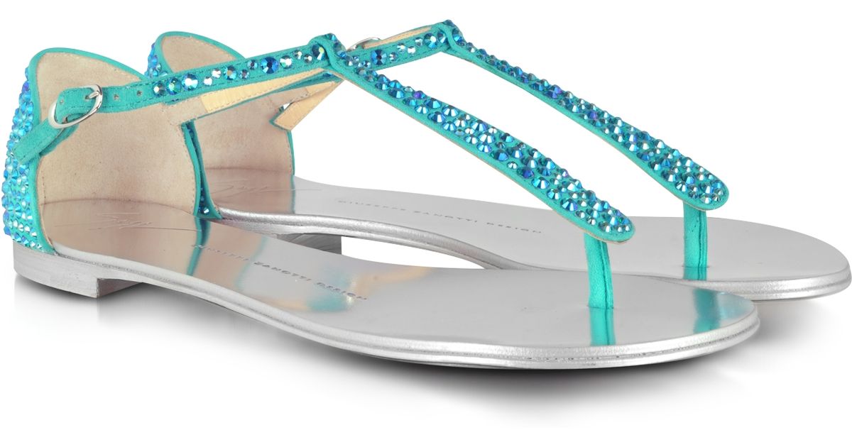 Lyst - Giuseppe Zanotti Crystalstrap Suede Flat Sandal in Blue