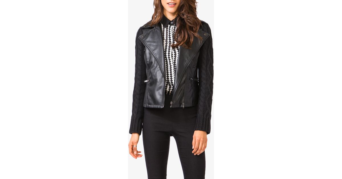 Forever 21 Moto Jacket With Cable Knit Sleeves In Black Lyst