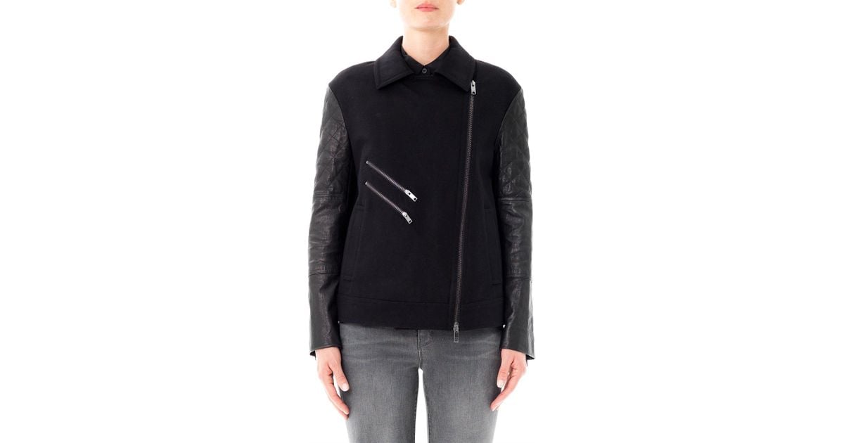 Lyst Dkny Quilted Leather Sleeve Moto Jacket in Black