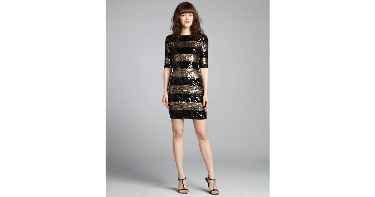 Bcbgmaxazria Black And Gold Sequin Stripe Marta Three Quarter Sleeve Bcbgmaxazria Black And Gold Sequin Stripe Marta Three Quarter Sleeve Dress In Lyst