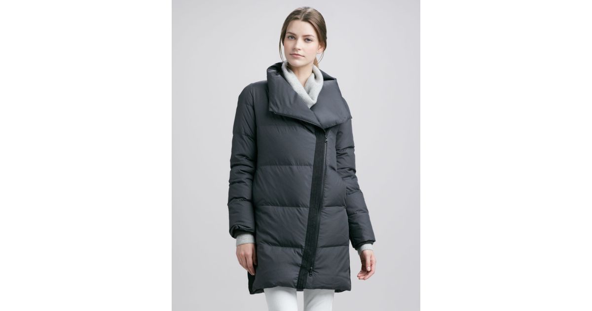 Lyst Vince Asymmetric Puffer Coat With Leather Trim In Gray