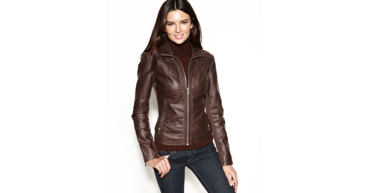 Lyst Kenneth Cole Reaction Faux Leather Zippered Cuff Jacket In Brown