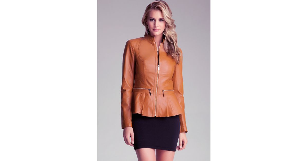 Bebe Zipper Peplum Leather Jacket In Brown Lyst