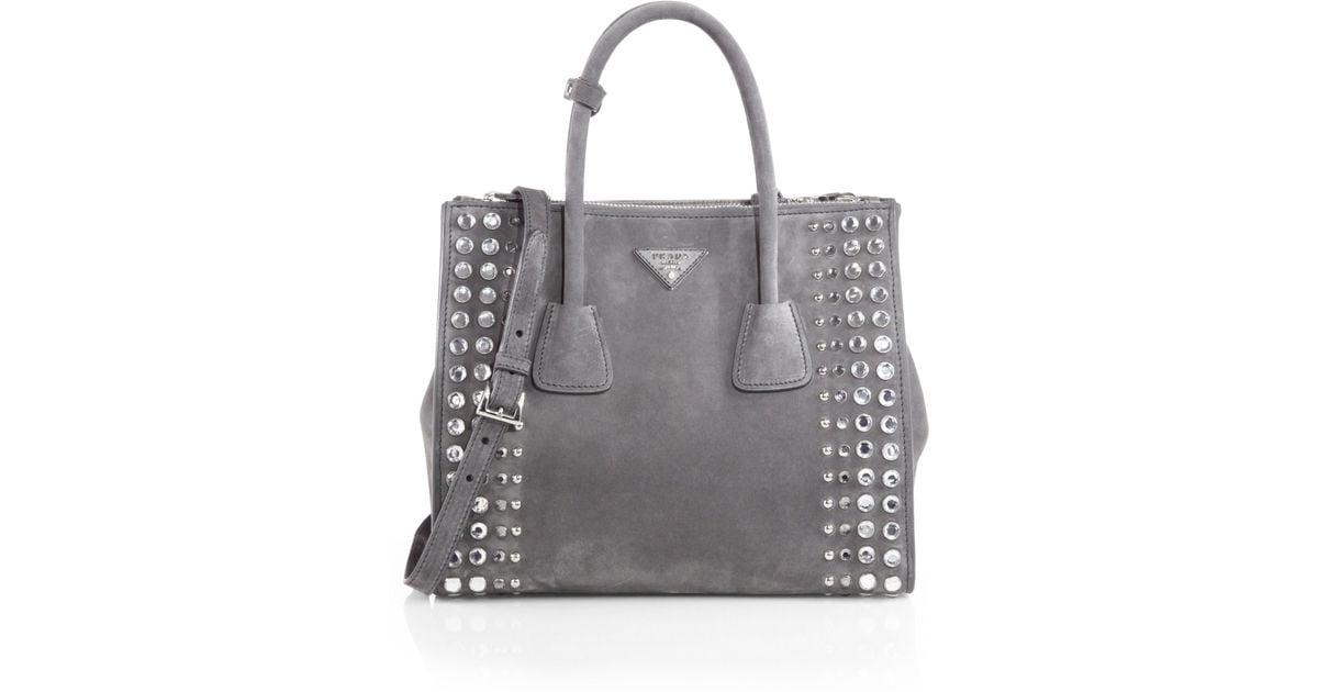 Prada Studded Suede Twin Pocket Tote in Gray (MARMO-GREY) | Lyst
