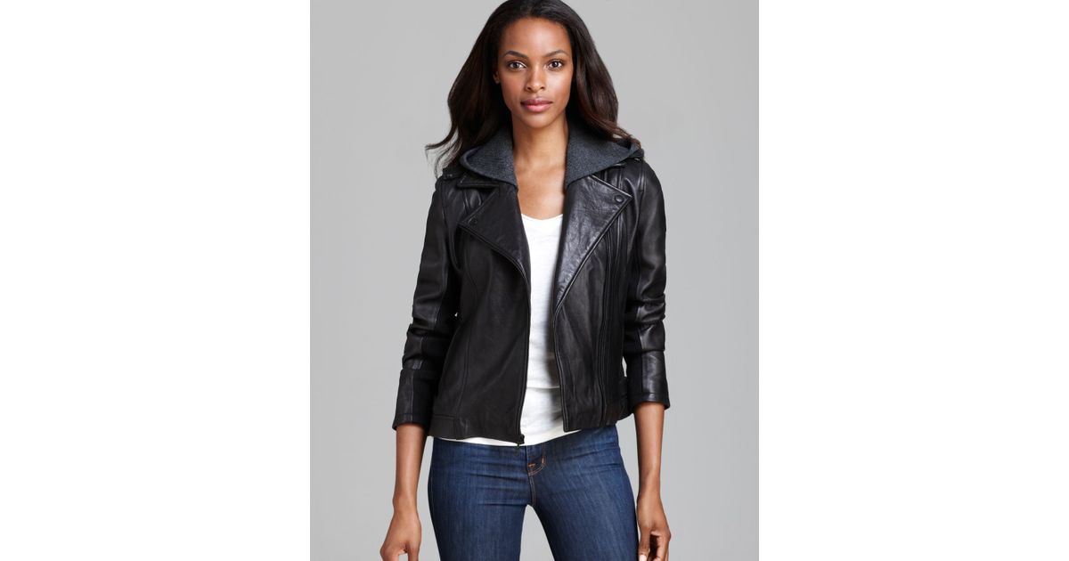 Dkny Leather Jacket Moto Knit Hood In Black Lyst