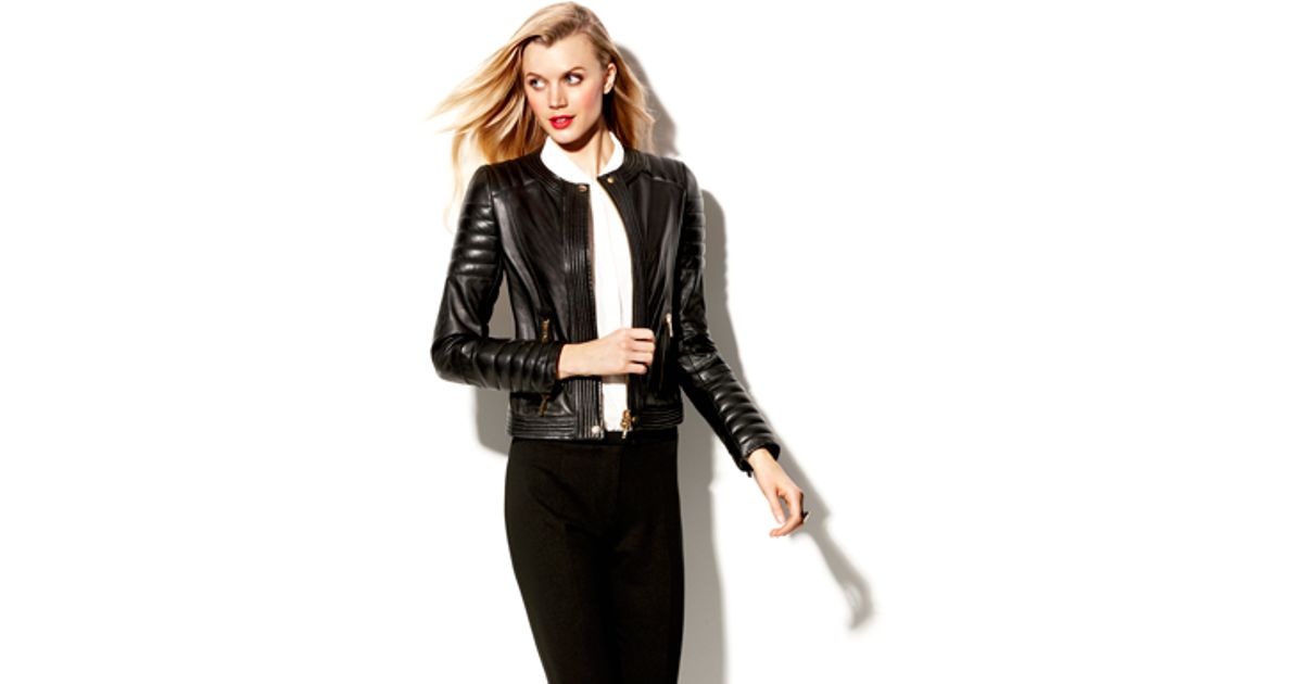 Vince Camuto Black Trapunto Leather Moto Jacket