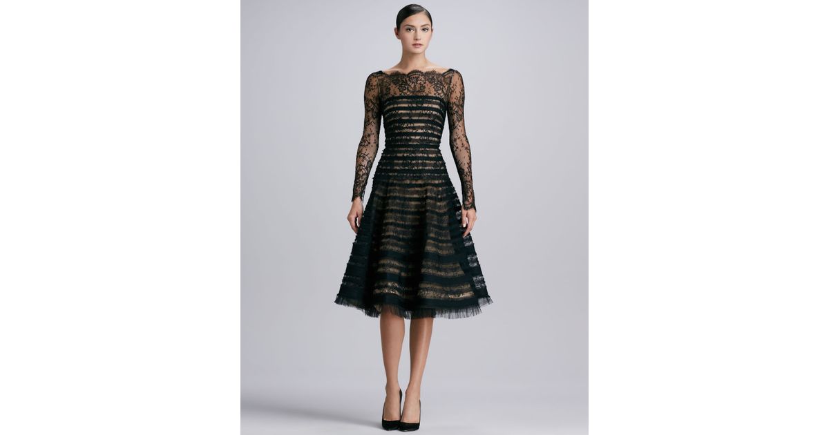 Oscar de la renta Ribbonstriped Lace Dress Black in Black Lyst