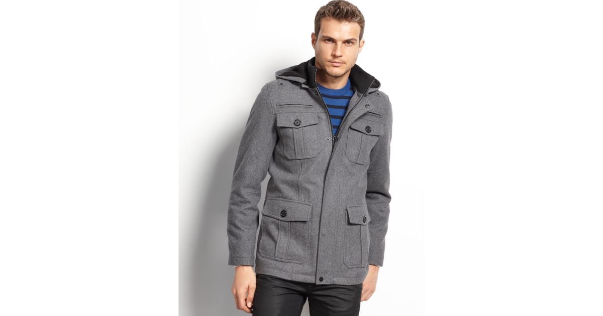 Guess Coats Military Style Hooded Pea Coat in Gray for Men | Lyst