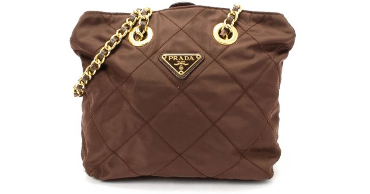 Lyst Prada Preowned Brown Quilted Nylon Double Chain Shoulder Bag in