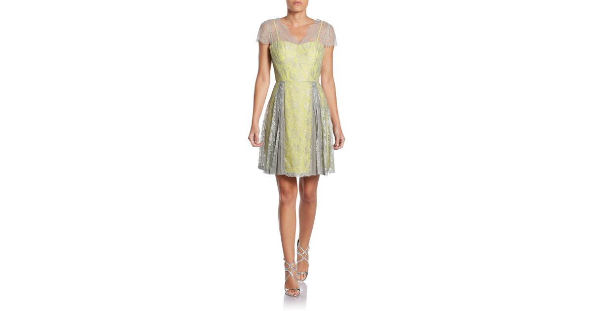 Lyst Bcbgmaxazria Metallic Lace Cap Sleeve Tail Dress In Yellow