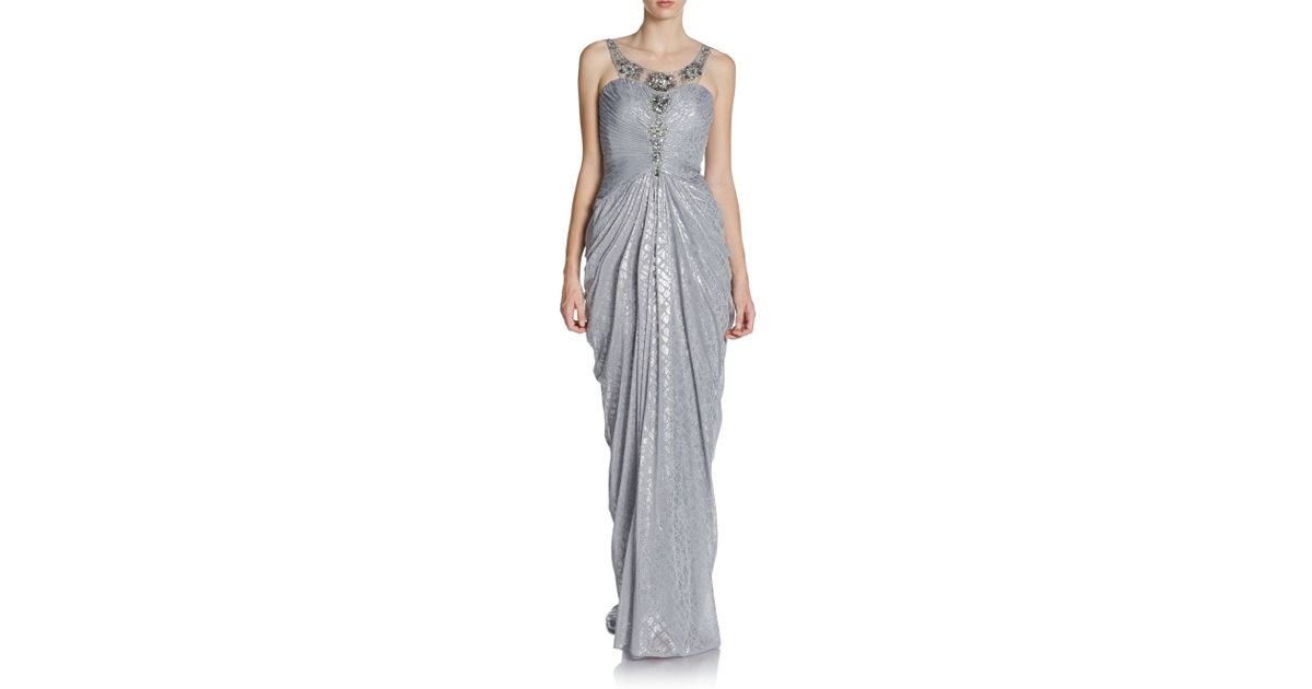 adrianna papell pleated metallic gown