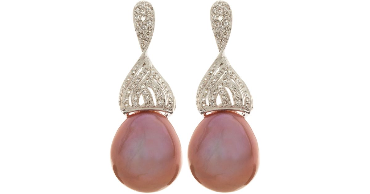Lyst Belpearl 14k White Gold Twisted Diamond Pink Pearl Earrings Lyst Belpearl 14k White Gold Twisted Diamond Pink Pearl Earrings In