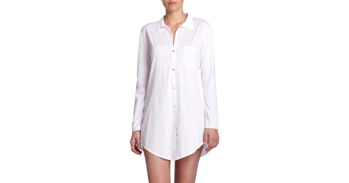Hanro Cotton Deluxe Boyfriend Sleepshirt in White | Lyst