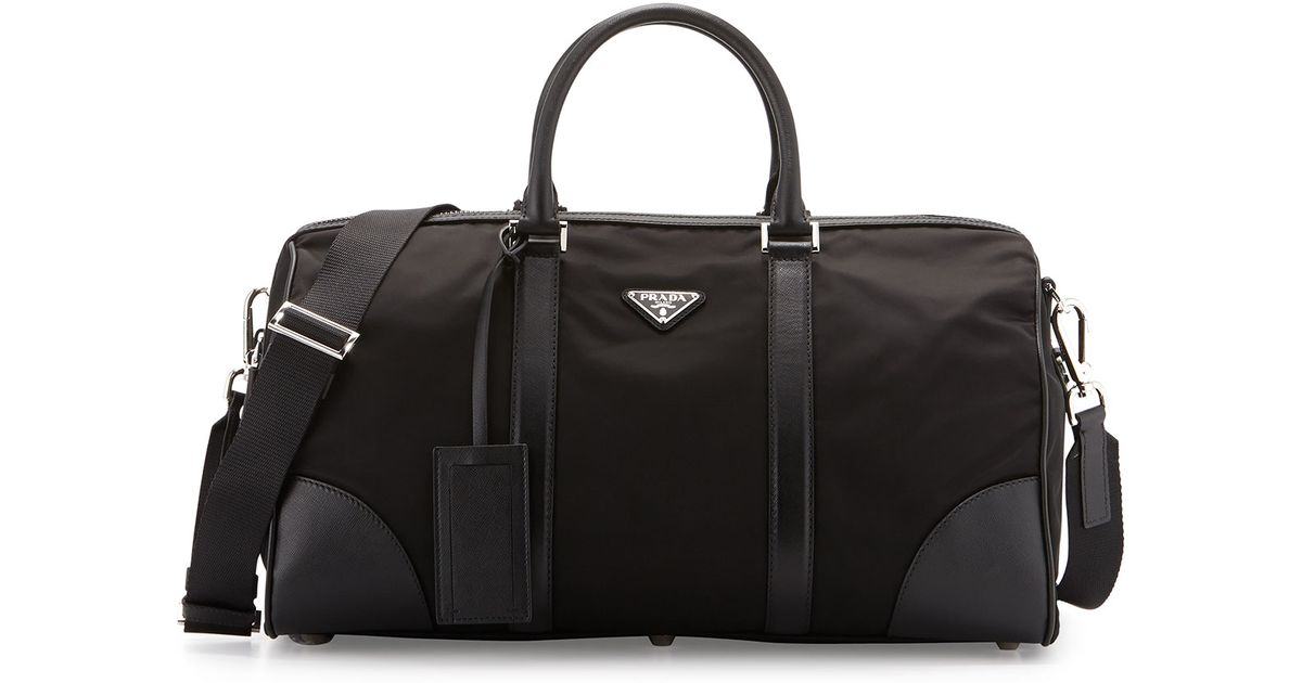 Prada Leather-Trimmed Duffel in Black | Lyst