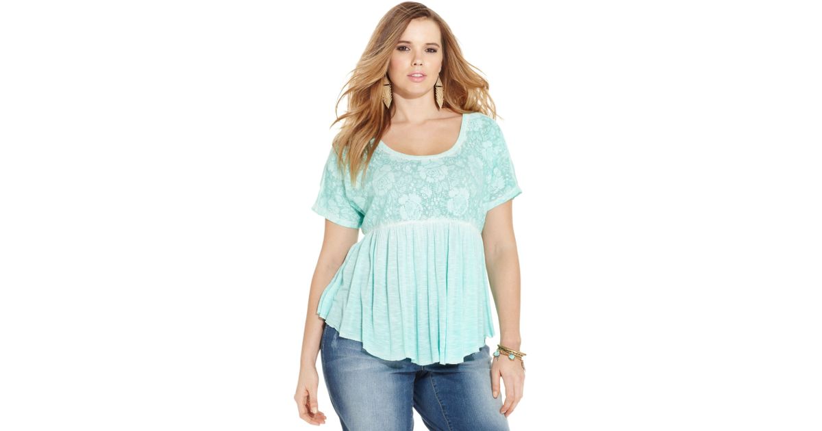 Jessica Simpson Plus Size Shortsleeve Lace Babydoll Top In Blue Lyst