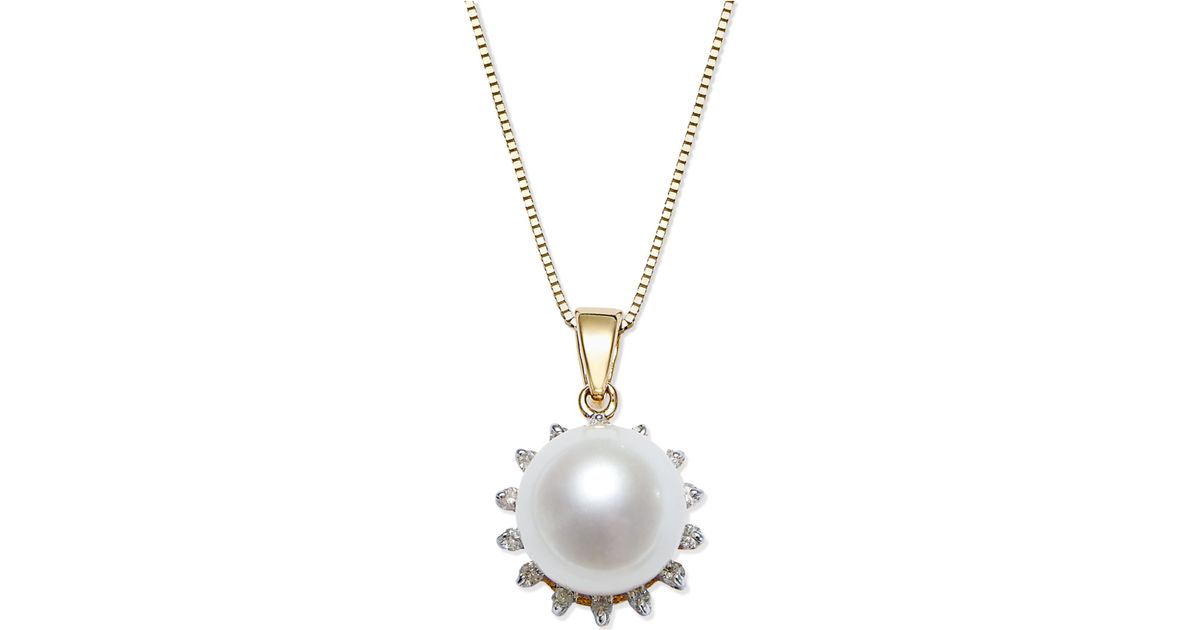 Macy&#39;s Cultured Freshwater Pearl (8mm) And Diamond (1/10 Ct. T.w.) Pendant Necklace In 14k Gold ...