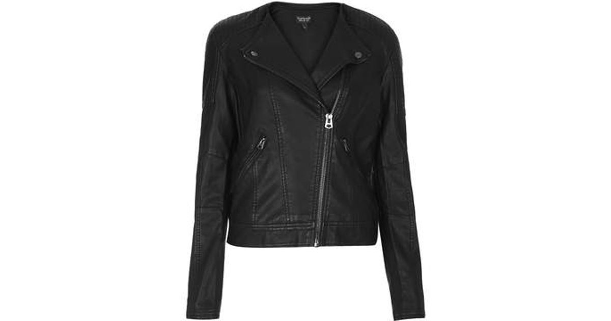 Top Collarless Faux Leather Biker Jacket In Black Lyst