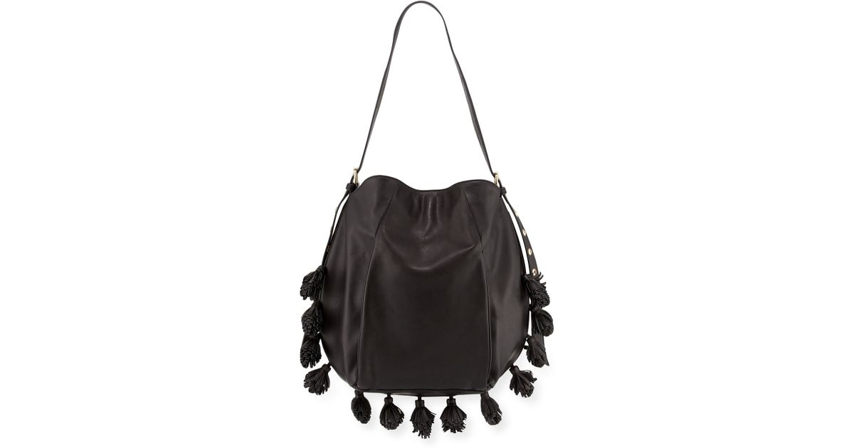 Cynthia Rowley Kassia Leather Tassel Hobo Bag in Black - Lyst