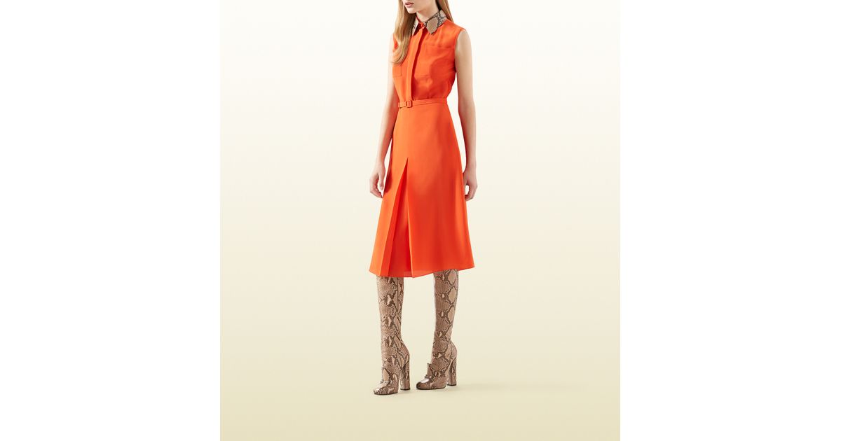 Gucci Orange Silk Dress With Python Collar In Lyst