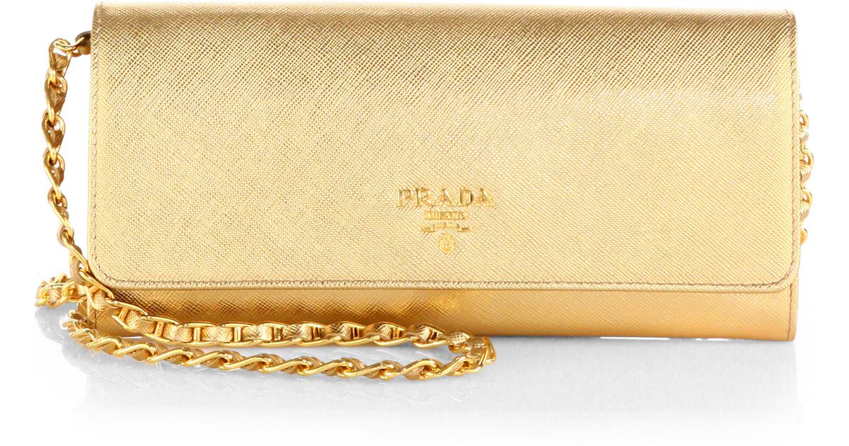 Prada Saffiano Metal Oro Chain Wallet in Gold (PLATINO-GOLD) | Lyst  