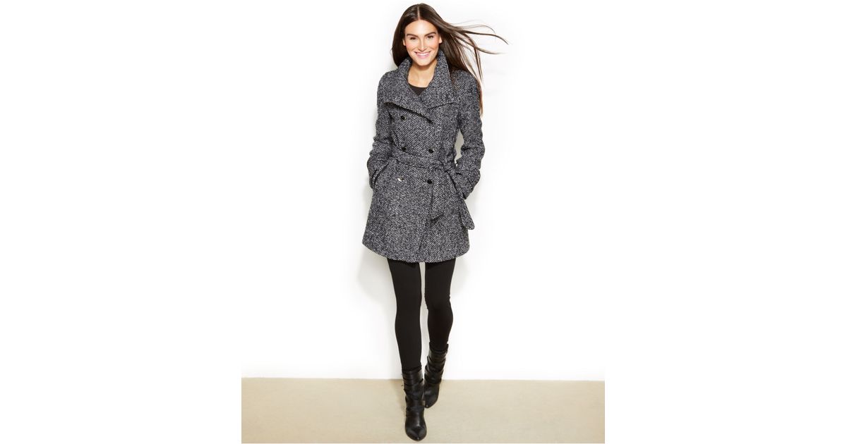Lyst Calvin Klein Petite Faux Leather Trim Tweed Double Ted Lyst Calvin Klein Petite Faux Leather Trim Tweed Double Ted Belted Coat In Black