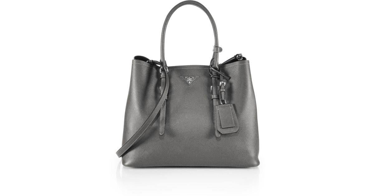 Prada Saffiano Cuir Medium Double Bag in Gray (MARMO-GREY) | Lyst